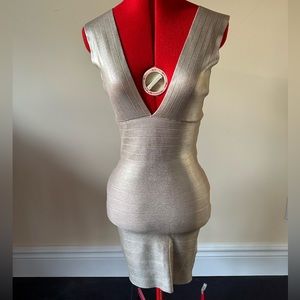 Party Season: Metallic Gold bandage dress with plunging neckline